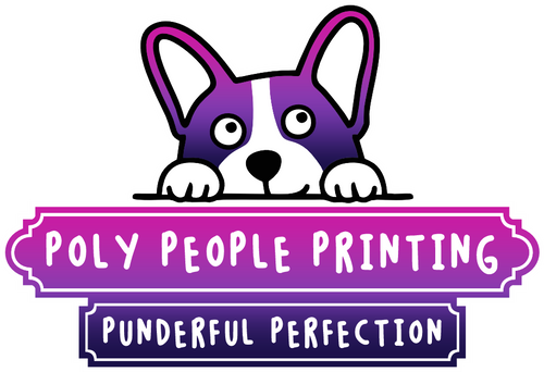 Logo with a cartoon dog and text 'Poly People Printing Punderful Perfection' on a white background